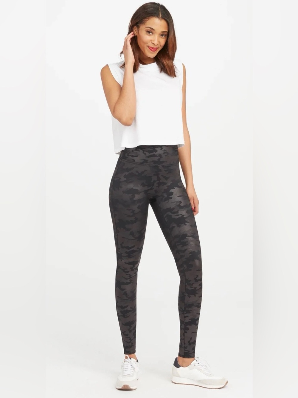 SPANX Faux Leather Camo Leggings Matte Black Medium Edgy Pilates Yoga Athleisure